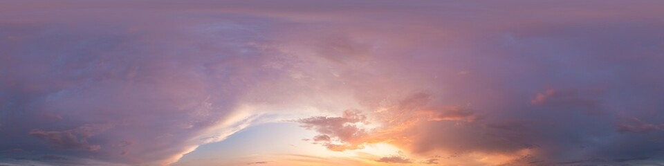 Obraz premium Sunset sky with bright glowing pink Cumulus clouds. Seamless spherical HDR 360 panorama. Full zenith or sky dome in 3D, sky replacement for aerial drone panoramas. Climate and weather change.