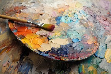 A vibrant artist's palette with mixed colors and a brush resting on it in a creative workspace