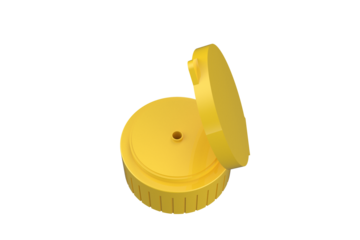 Close-up Yellow Plastic Flip-Top Dispenser Cap, Open, Hinged Bottle Cap with Dispensing Hole Visible, Flip Top Closure Hinged Lid Container on a PNG Transparent Background