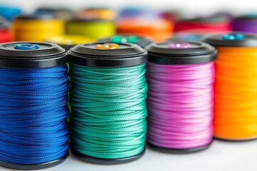 A vibrant array of colorful threads, neatly spooled with black caps, offering texture & depth to the image