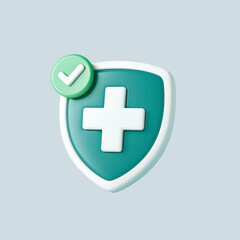 Fototapeta premium 3D Medical Shield Icon with Cross and Green Checkmark – Healthcare Protection Symbol