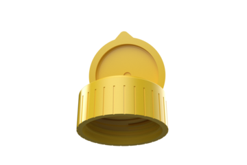Close-up Yellow Plastic Flip-Top Dispenser Cap, Open, Hinged Bottle Cap with Dispensing Hole Visible, Flip Top Closure Hinged Lid Container on a PNG Transparent Background