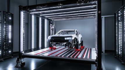 Advanced automotive testing rig with mounted vehicle chassis and sensors