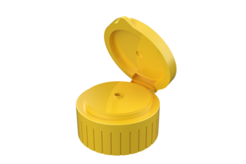 Close-up Yellow Plastic Flip-Top Dispenser Cap, Open, Hinged Bottle Cap with Dispensing Hole Visible, Flip Top Closure Hinged Lid Container on a PNG Transparent Background