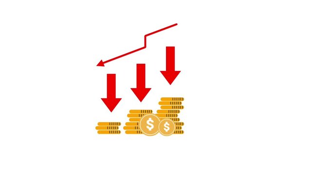 animation of coins icon with red arrow. financial and economy concept. Isolated on white color background.