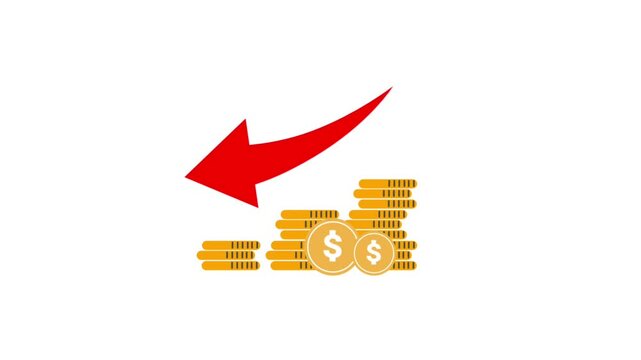 animation of decrease coins icon with red arrow. financial and economy concept. Isolated on white color background.