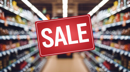 Blurred supermarket aisle background with red sign saying SALE, showcasing retail discounts and promotions