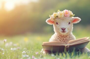 Newborn lamb wearing a flower crown