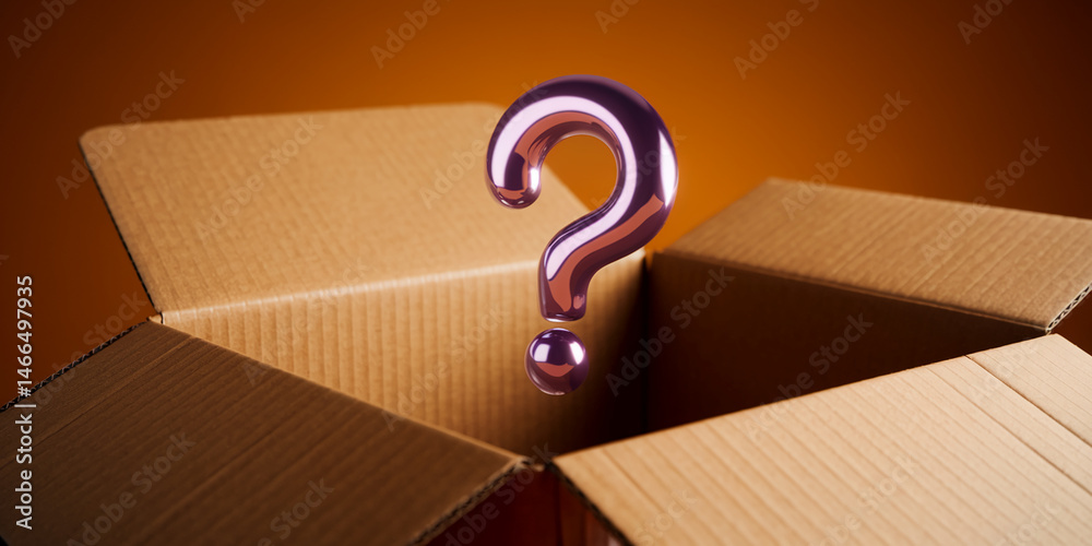 Poster open cardboard box with a purple question mark hovering above it, symbolizing mystery, uncertainty, 