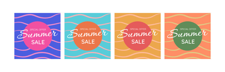 Abstract summer sale banners in trendy bright colors with discount text. Season promotion vector illustration.
