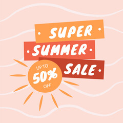 Abstract sunny summer super sale banner in bright colors with discount text. Season promotion vector illustration.