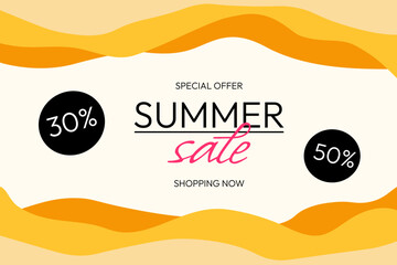 Abstract summer special offer sale banner in bright yellow colors with discount text. Season promotion vector illustration.