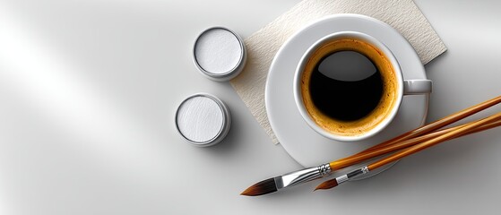 A cup of black coffee with paintbrushes and paint jars on a white table, blending creativity and relaxation.