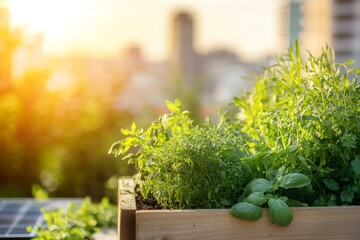 Fototapeta premium Rooftop garden box brimming with flourishing herbs in sunlight.