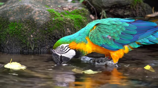 Vibrant macaw drinking from a serene stream surrounded by lush greenery and fallen leaves - south american parrots
