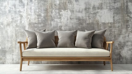 Single minimalist bench-style sofa in neutral tones against a textured wall
