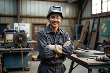 Asian Male Welder Smiling with Helmet Up, Wearing Protective Gear