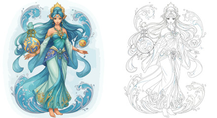Celestial Water Goddess: An ethereal water goddess with flowing aqua hair, adorned in turquoise attire, elegantly holds a mystical orb, embodies serenity and power.
