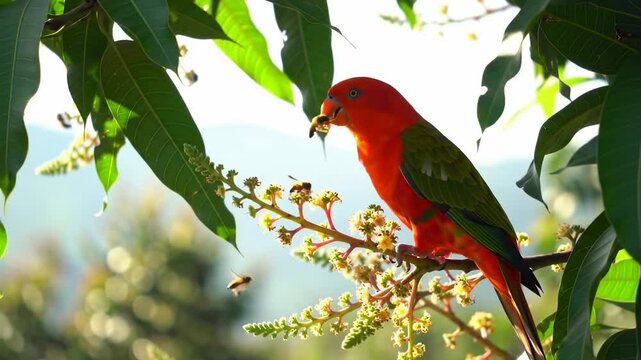 Vibrant orange parrot perched on a flowering branch amidst lush green leaves in a serene natural setting - south american parrots