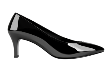 Single shiny black high heel pump shoe, cut out transparent