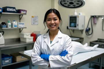 Diligent Asian Woman Embalmer with Professional Smile Wearing Protective Lab Coat and Gloves in Embalming Room Environment