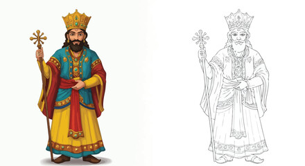 Majestic King Illustration: A regal illustration of a king in ornate robes and crown, holding a scepter, presented with a color version and a line art version for versatile use. 