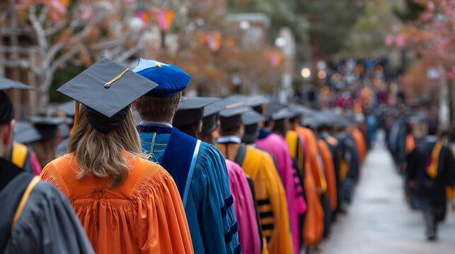 PhD Students in Graduation Robes and Colorful Caps at Outdoor Ceremony Lined Up for a Portrait with Professor at American College
