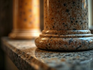 Textured marble columns bathed in warm morning sunlight