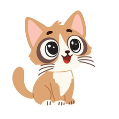 Cute Cat with Big Eyes in Flat Style. Hand Drawn Vector Art.