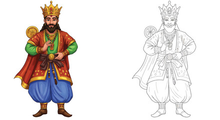Naklejka premium Royalty Figure: An evocative illustration of a regal personage, adorned in a majestic crown and ornate attire, standing confidently against a clean backdrop.