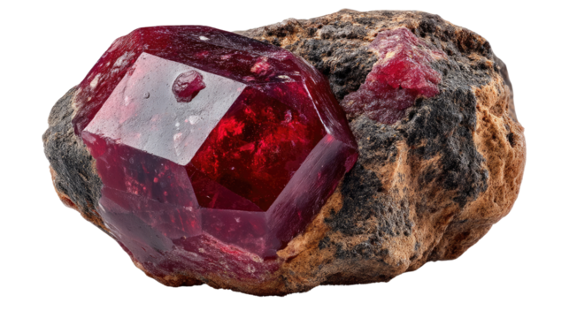 Red Spinel Crystal in Matrix: A stunning red spinel crystal, multifaceted and brilliant, is embedded in its dark, rough matrix.