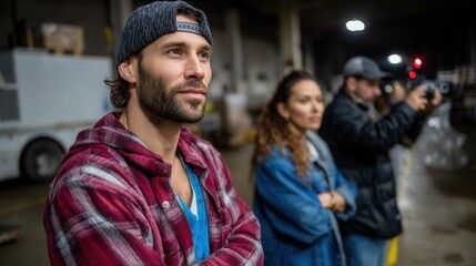Obraz premium Group of Young Adults Watching and Filming in an Indoor Setting with Focus on a Bearded Man in a Cap