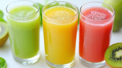 Refreshing Fruit Juices in Colorful Glasses with Fresh Ingredients on a White Background