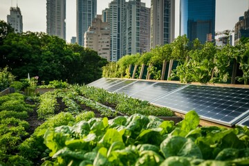Fototapeta premium Urban rooftop garden with solar panels and lush greenery.