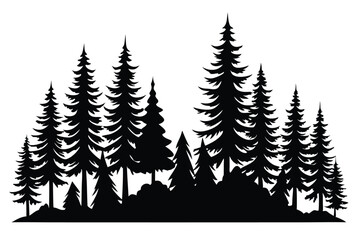 Obraz premium Black silhouette showcases tall fir trees densely clustered in forest setting against white backdrop