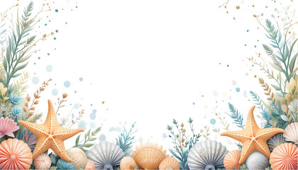 Starfish and Seashell Frame PNG on Transparent Background with white Copy Space in Center,Colorful Underwater Ilustration for Beach Wedding Invitation Design