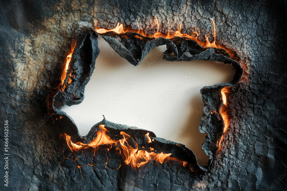 Poster Burned paper frame with fire, creating a textured border around a blank white space, symbolizing destruction, renewal, or a dramatic contrast, ideal for text or logo placement