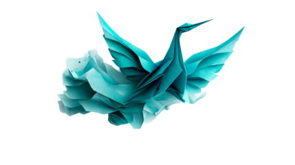 Turquoise Paper Crane Sculpture with Textured Paper Ball, cut out transparent