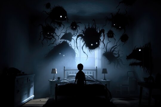 Night fear scene: Child in bedroom stares at wall shadow, monster shape appears, symbolizing nightmare, sleep anxiety, bedtime worry, dream fright, darkness illusion, imagination terror, silent dread