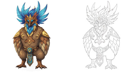 Mystical Avian Artwork: A captivating illustration of a majestic bird-like creature. This artwork blends elements of fantasy and avian anatomy, featuring vibrant colors, intricate details.