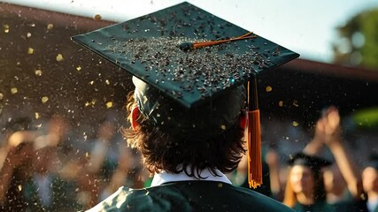 Close-up view of a graduate's cap adorned with confetti, viewed from behind against a blurred background of cheering people. Warm, sunny lighting - Powered by Adobe
