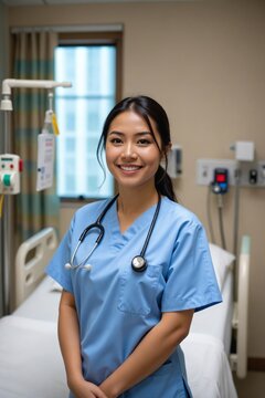Cheerful Asian Woman CNA in Medical Scrubs Posing in Healthcare Setting with Patient Care Equipment