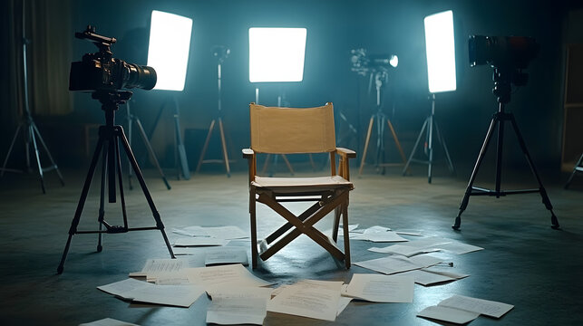 Director&rsquo;s chair on a film set, surrounded by script pages scattered on the ground, light stands and cameras in the background