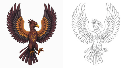 Obraz premium Mythical Phoenix with Color and Line Art: An iconic illustration depicting a mythical phoenix in full flight with spread wings.