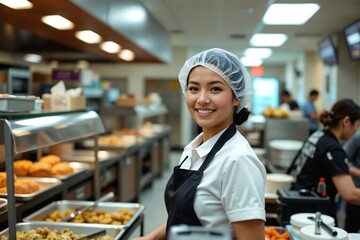 Asian Woman Food Service Worker Smiling Happily, Wearing Uniform and Hairnet, Serving Food Behind Counter