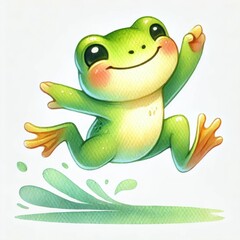 Fototapeta premium Smiling green frog jumping in the air with water splash. Watercolor animal illustration on white background.