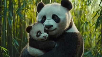 Obraz premium Panda mother and cub in a bamboo forest. Close-up, heartwarming scene