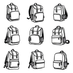 Set hand-drawn black and white. Various styles of backpacks in a grid layout.