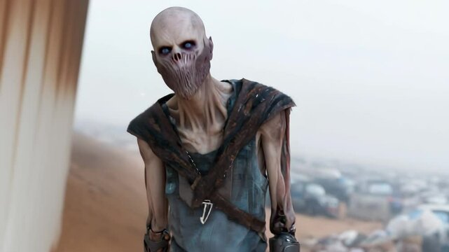Grotesque creature ascends in jerky horror motion in post-apocalyptic scene