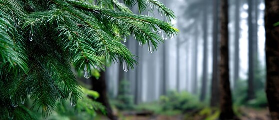 raining morning quiet concept. Lush green forest with misty background and close-up of evergreen branches.